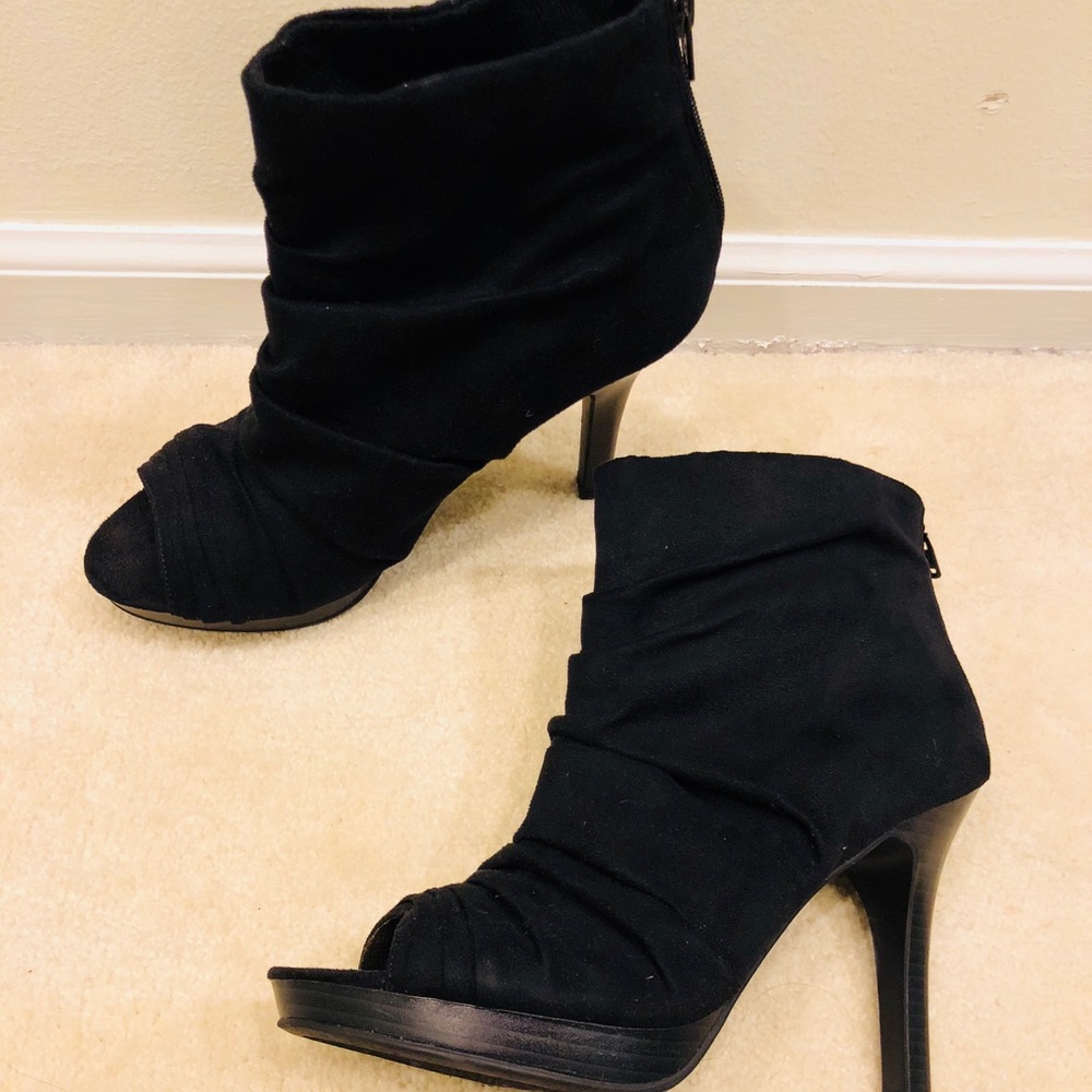 Black suede peep toe heels